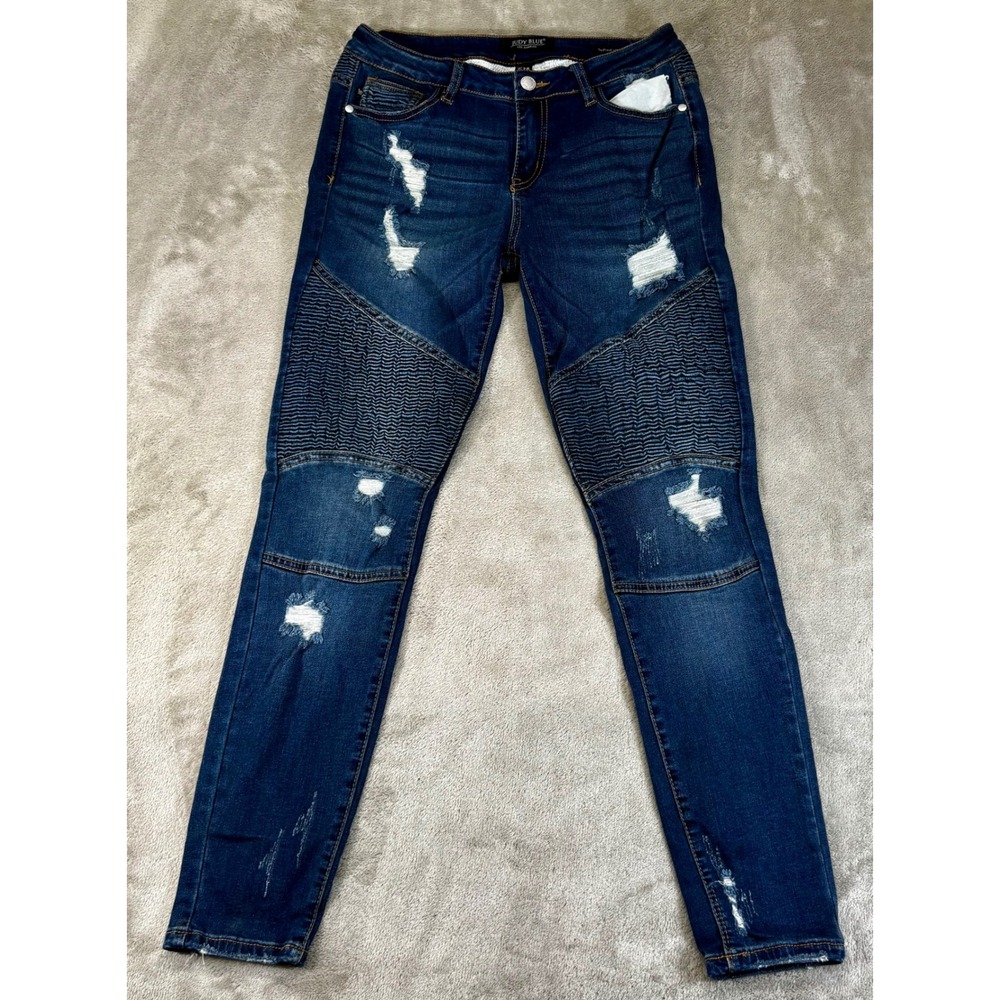 Judy‎ Blue Skinny Jeans Women 7/28 Whiskers Dark Blue Distressed Moto Ribbed